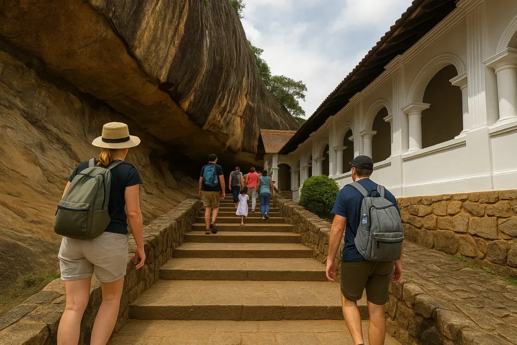 Sri Lanka Urlaub: Sigiriya & Dambulla – Die perfekte Tagestour im kulturellen Dreieck 7 Aufgang zum Dambulla Höhlentempel mit Besuchern während eines Sri Lanka Urlaubs (2)