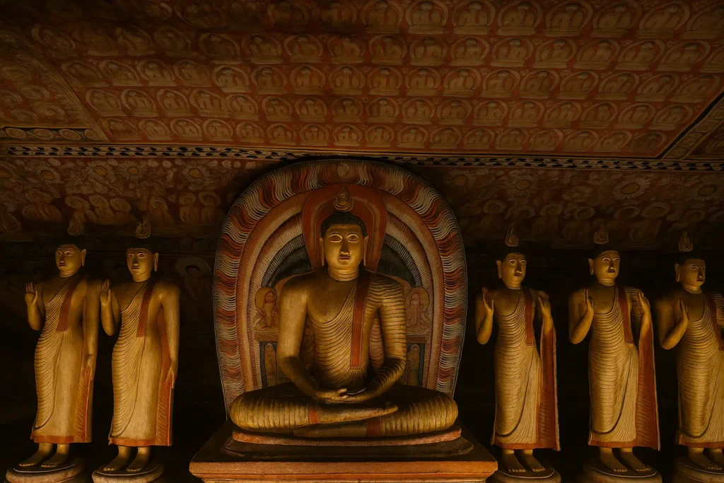 Sri Lanka Urlaub: Sigiriya & Dambulla – Die perfekte Tagestour im kulturellen Dreieck 8 Buddha Statuen und Wandmalereien im Dambulla Höhlentempel in Sri Lanka