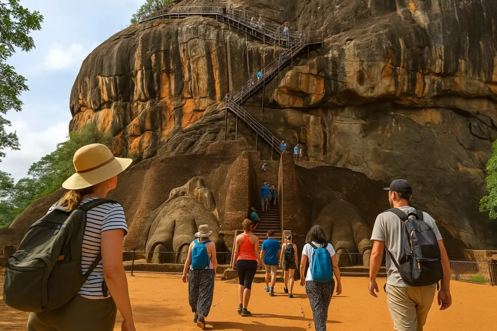 Sri Lanka Urlaub: Sigiriya & Dambulla – Die perfekte Tagestour im kulturellen Dreieck 6 Reisende beim Aufstieg auf den Sigiriya Löwenfelsen im kulturellen Dreieck von Sri Lanka