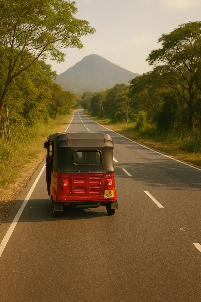 Sri Lanka Urlaub: Sigiriya & Dambulla – Die perfekte Tagestour im kulturellen Dreieck 9 Tuk-Tuk auf Landstraße im kulturellen Dreieck auf dem Weg nach Sigiriya und Dambulla